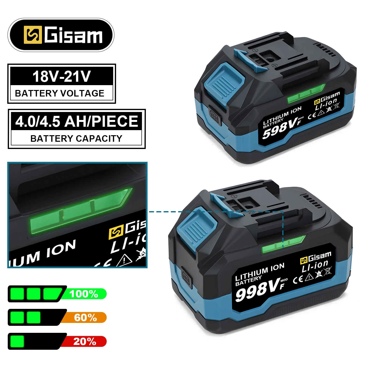 Gisam 4.0AH 4.5AH Rechargeable Lithium-Ion Battery for