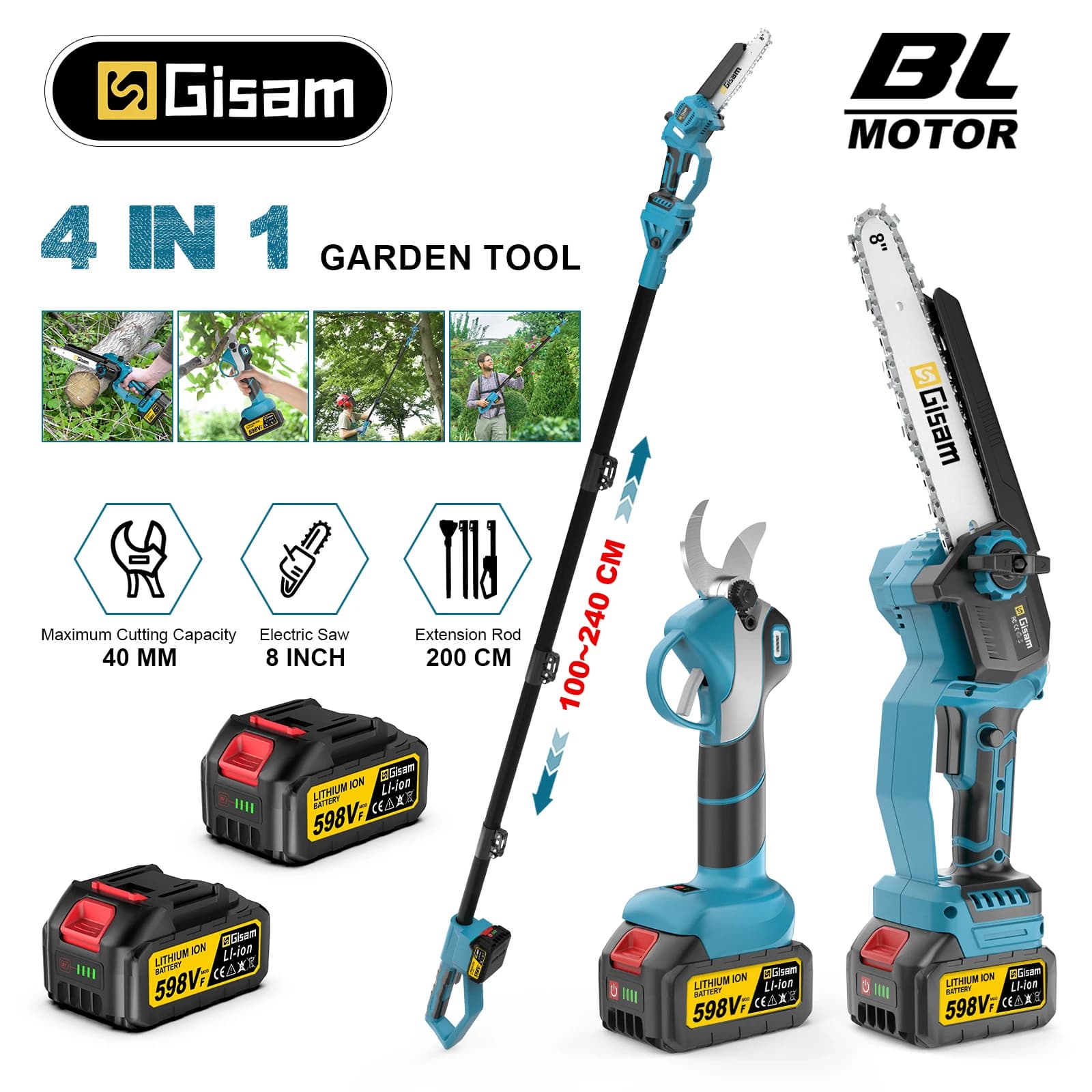 Gisam Brushless Telescoping Pole Electric Chainsaw Scissors